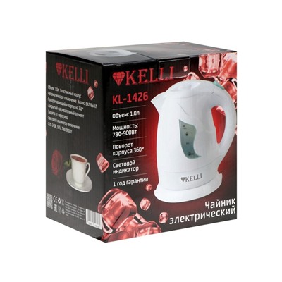 Чайник электрический KELLI KL-1426, пластик, 1 л, 900 Вт, белый