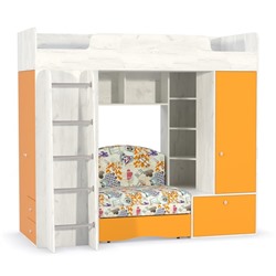 Кровать-чердак с диваном Тетрис 366, Дуб белый крафт/Оранжевый/Арт01