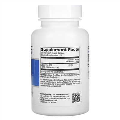 Lake Avenue Nutrition, Коэнзим Q10, класса USP, 100 мг, 120 растительных капсул