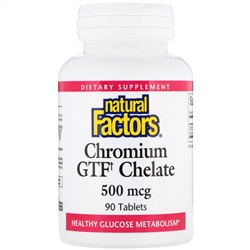 Natural Factors, Хелат хрома с фактором толерантности к глюкозе (GTF), 500 мкг, 90 таблеток