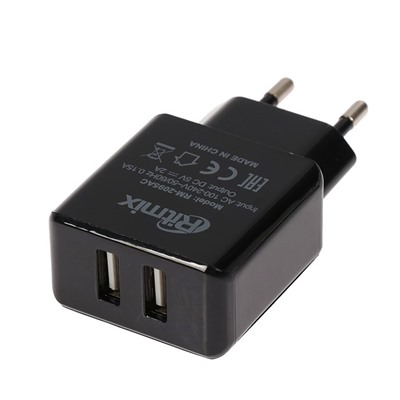 Сетевое зарядное устройство Ritmix RM-2095AC 2 USB, 2.1/1 A, micro USB, 1 А, чёрное