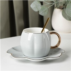 Чайная пара с ложкой «Цветок», 240 мл, чашка 11×8×7 см, блюдце d=16 см, цвет серый