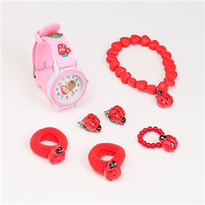 Подарочный набор 6 в 1: наручные часы, браслет, кольцо, 2 резинки, клипсы
