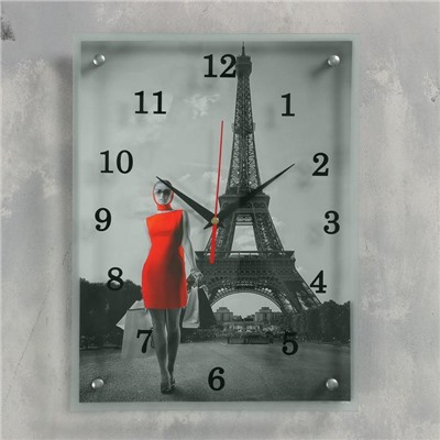 Часы настенные, серия: Город, "Девушка в красном платье в Париже", 30х40  см, микс