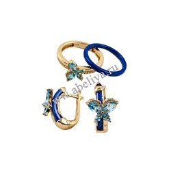 Набор серьги с кольцом керамика синяя позолоченный