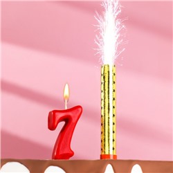 Свеча для торта цифра "Овал" красная "7" + фонтан
