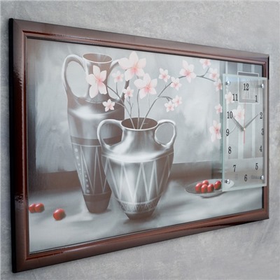 Часы-картина настенные, серия: Цветы, "Серые вазы", 50 х 100 см, микс
