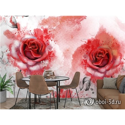 3D Фотообои «Алые розы в акварельной дымке»