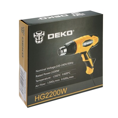 Фен технический DEKO HG2200W, 2200 Вт, 300/500 л/мин, 350/600 °С, 3 насадки