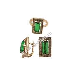Набор серьги с кольцом циркон зеленый позолоченный