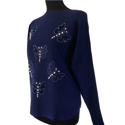 Размер единый 42-46. Модный женский свитер Waltz цвета темный индиго с рисунком "Бабочки".