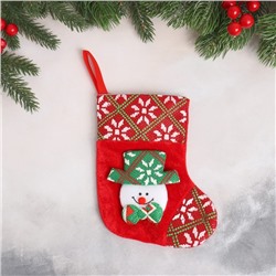 Носок для подарков " Снеговик в зелёной шляпке" 13х17 см, красный