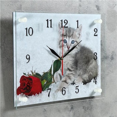Часы настенные, серия: Животный мир, "Котенок и роза", 30х40 см