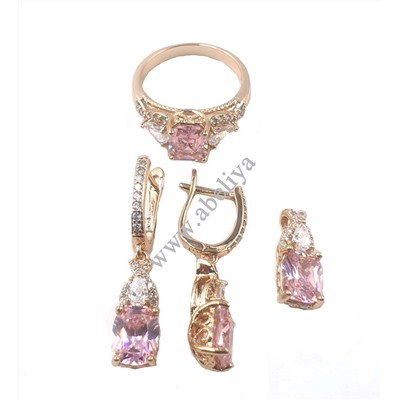 Набор серьги,кольцо, подвеска циркон розовый позолоченный