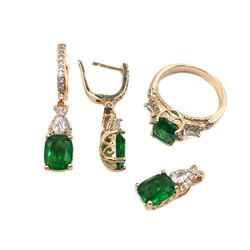 Набор серьги,кольцо, подвеска циркон зеленый позолоченный