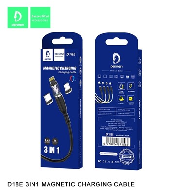Кабель USB DENMEN D18E 3 в 1 для iPhone/Micro/Type C магнитный (черный) 1m