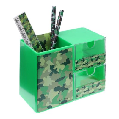 Набор настольный детский "Милитари" (подставка + 2 карандаша + линейка + точилка + ластик + блокнот 8 листов)