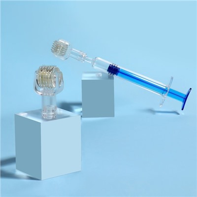 Мезороллер со шприцом для сыворотки, 72 иглы, 0,25 мм, шприц 3 мл, цвет прозрачный/синий