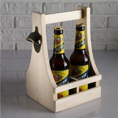 Ящик для пива 19×18×30 см  с открывашкой, под 4 бутылки, деревянный