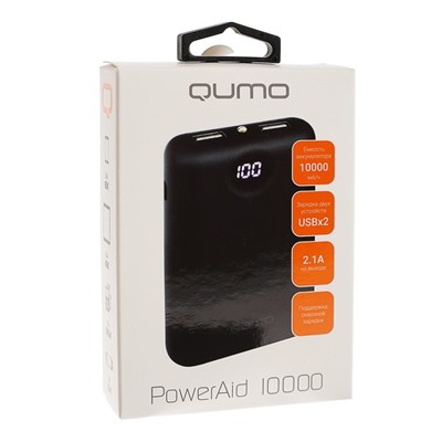 Внешний аккумулятор Qumo PowerAid 10000 (V2), 10000 мА-ч, 2 USB 1A+2A, вход до 2A, черный