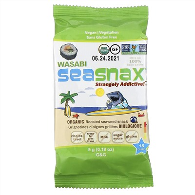 SeaSnax, Grab & Go, Wasabi, Roasted Seaweed Snack, 6-pack (.18 oz each)