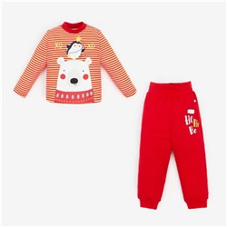 Пижама детская (лонгслив, брюки) «Медведь и Пингвин», цвет белый полоска/красный, рост 74 см