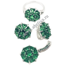 Набор серьги,  кольцо, подвеска циркон зеленый посеребренный