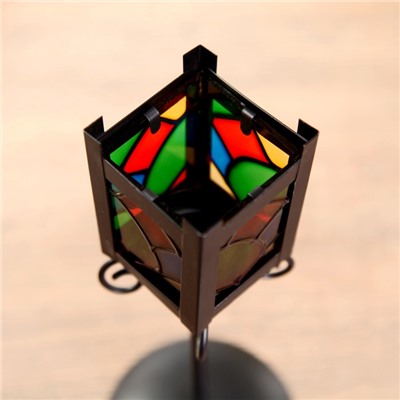 Подсвечник металл на 1 свечу "Уличный фонарь с витражными стёклами" чёрный 25х9,7х9,7 см