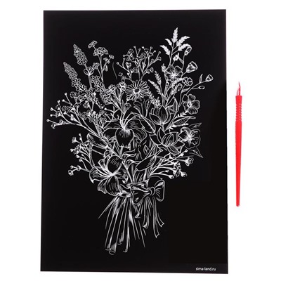 Гравюра «Букет из полевых цветов» с металлическим эффектом «серебро», А4