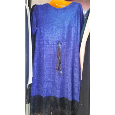 Платье люрекс с пояском гипюр по низу яр-синее A133