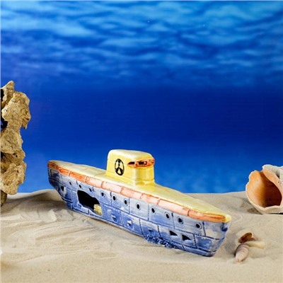 Декорация для аквариума "Подводная лодка", жёлтая, 34х4х9 см, микс