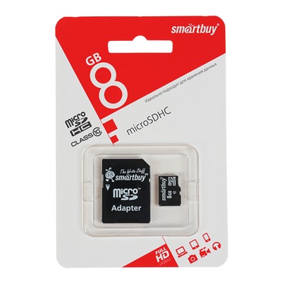 Карта памяти microSDHC Smartbuy 8GB, class 10 + адаптер SD