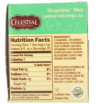 Celestial Seasonings, Травяной чай, мята для времени сна, без кофеина, 20 чайных пакетиков, 1 унция (29 г)