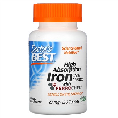 Doctor's Best, Легкоусвояемое железо с Ferrochel, 27 мг, 120 таблеток