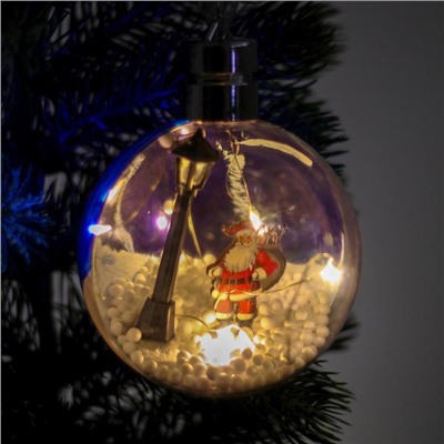 Новогодний шар с деревянной фигуркой и подсветкой «Дед Мороз» 10х10 см