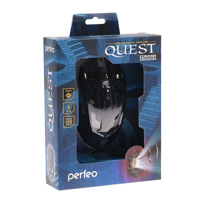 Мышь Perfeo QUEST PF-1712-GM, игровая, проводная, оптич., 3200 dpi, подсветка, USB, черная