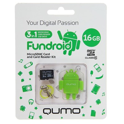 Карта памяти Qumo Fundroid  MicroSD 16GB Class10 + USB картридер , зеленый