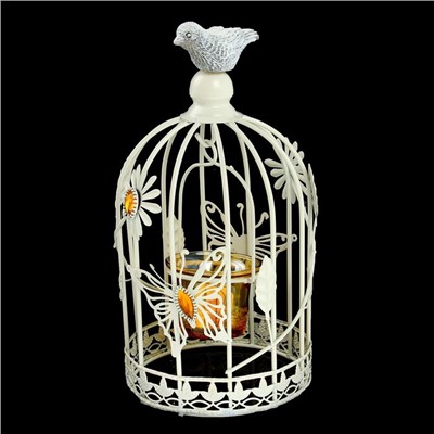 Подсвечник металл 1 свеча "Клетка с птицей. Бабочки и цветы" 25х12х12 см
