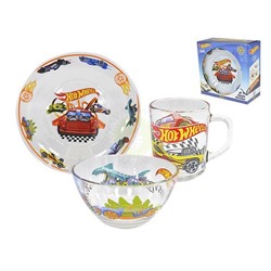 Набор детской посуды "Hot Weels" 3 предмета, стекло (тарелка 20см, салатник 13см, кружка 200мл)