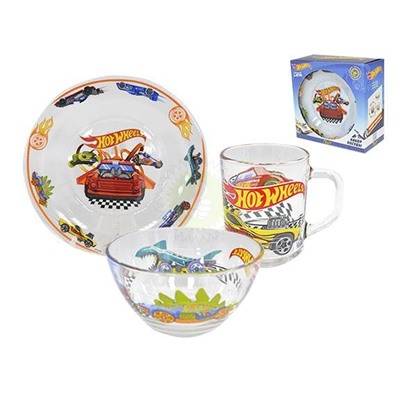 Набор детской посуды "Hot Weels" 3 предмета, стекло (тарелка 20см, салатник 13см, кружка 200мл)
