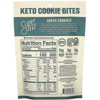 SuperFat, Keto Cookie Bites, Chocolate Chip, 3 Packs, 2.25 oz (64g) Each