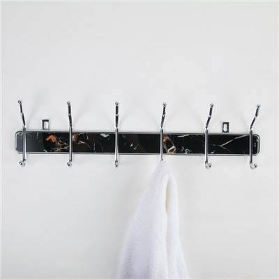 Вешалка настенная Доляна «Чёрный мрамор», 6 двойных крючков, 50×15,5×6 см, цвет хром