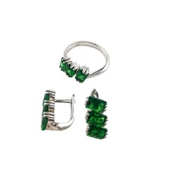 Набор серьги с кольцом циркон зеленый посеребренный
