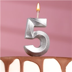 Свеча в торт "Грань", цифра "5", серебряный металлик, 7.8 см