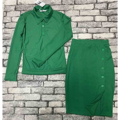Костюм Size Plus лапша кофта стойка ворот и юбка зеленый UM29