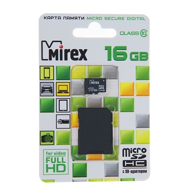 Карта памяти microSDHC MIREX 16Gb (class 10) + адаптер