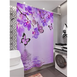 Фотоштора для ванной Бабочки у воды с орхидеями