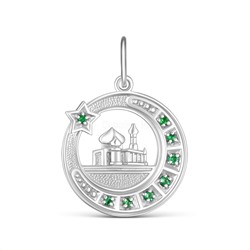 Подвеска мусульманская из серебра с зелёными фианитами родированная м-50101608р