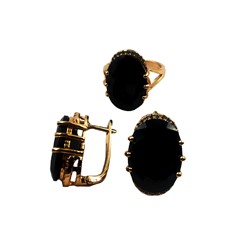 Набор серьги с кольцом циркон черный позолоченный