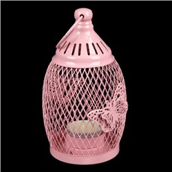 Подсвечник металл 1 свеча "Уличный фонарь в сеточку с бабочками" розовый 16х8,5х8,5 см